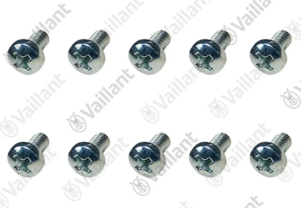 Zehn Schrauben von Vaillant, mit einer Kreuzschlitzaufnahme und metallischem Finish, auf weißem Hintergrund angeordnet.